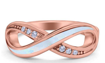 Infinity Ring Lab Created White Opal Rose Gold Round Simulated Cubic Zirconia 925 Sterling Silver